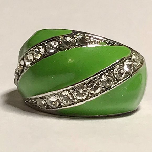 Vintage Green Enamel Cocktail Ring Silver Plated Crystal Rhinestone Size 7 Boho - Picture 10 of 12